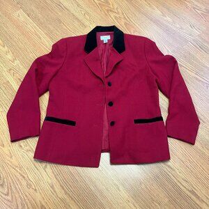 Talbots Women’s Size 12P Red Black Velvet Wool Button Front Blazer Jacket